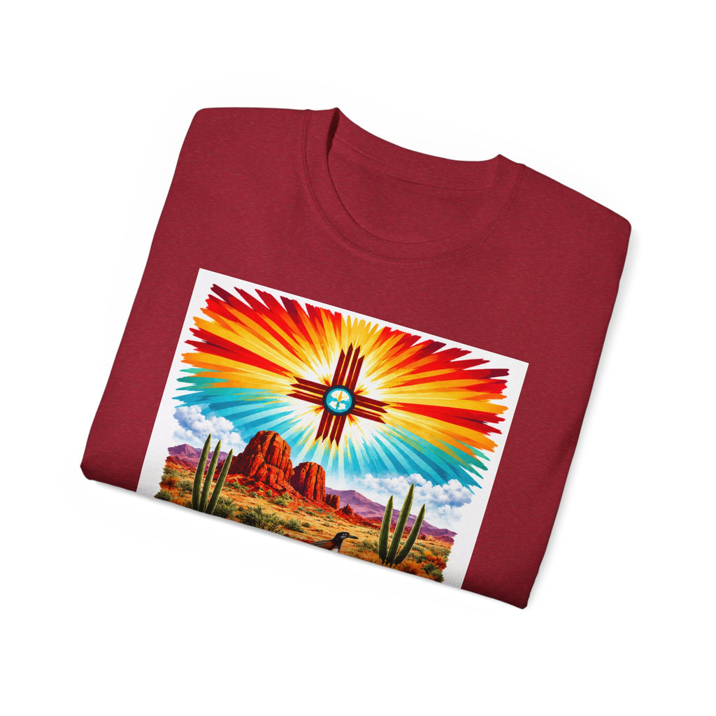 Desert Vibes Arizona T-Shirt – Southwestern Sunset Cactus Graphic with AZ-10 Back