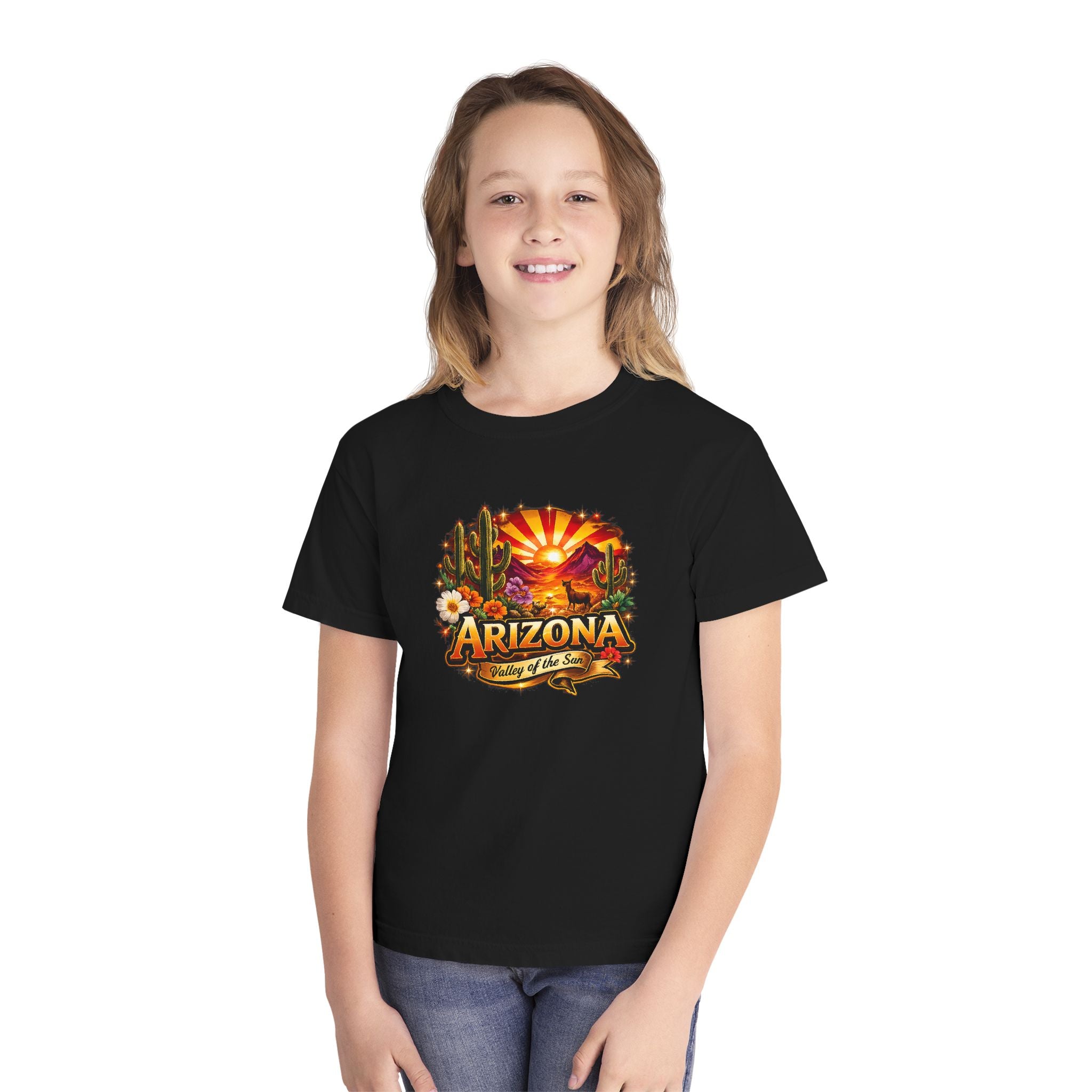 Arizona Vintage Sunset Youth Tee — "Arizona: Valley of the Sun" Graphic