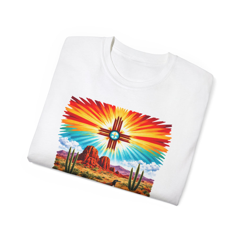 Desert Vibes Arizona T-Shirt – Southwestern Sunset Cactus Graphic with AZ-10 Back
